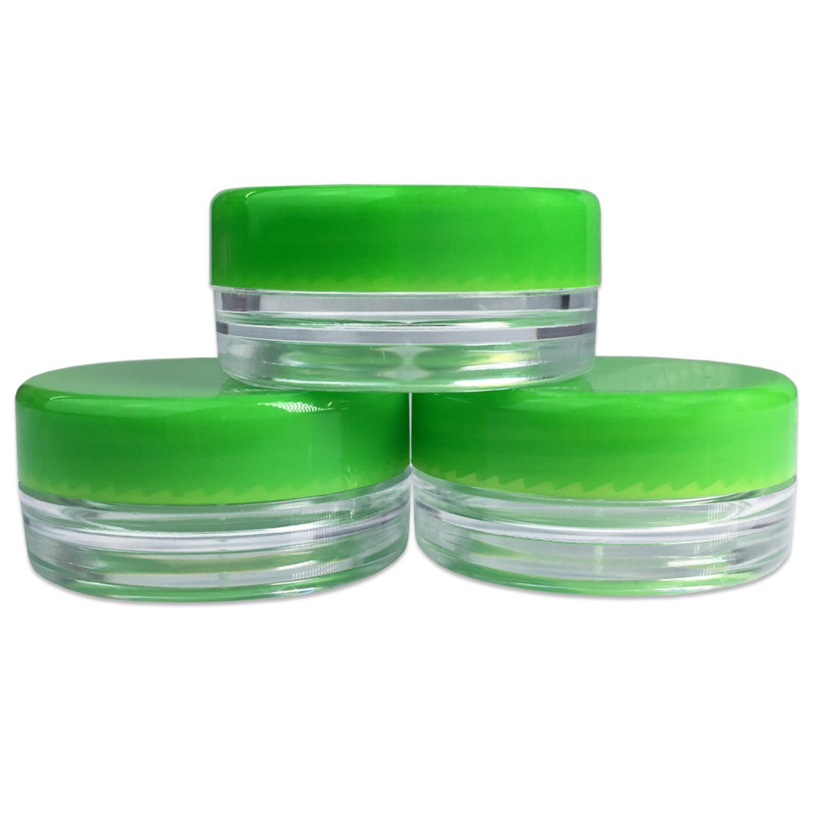 Beauticom 3g/3ml (0.1 Fl Oz) Round Clear Plastic Jars with Round Top Lids for Creams  Lotions  Make Up  Powders  Glitters  and more... (Color: Green Lid Quantity: 50 Pieces)